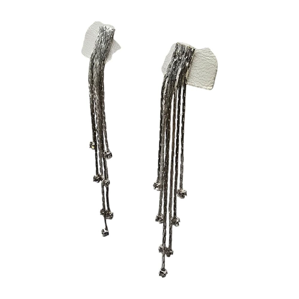 Earrings Cascade Clear Rhinestones Shoulder Duster 3" Silver Tone Pierced SK2368